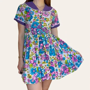 Handmade flower power vintage 60s retro mini babydoll floral dress (XXS/XS)